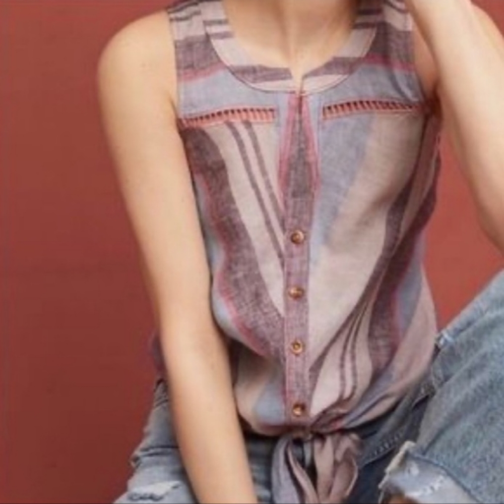 Anthropologie Maeve Striped Sleeveless Casual Top Blouse Size 6 Tie Front Linen